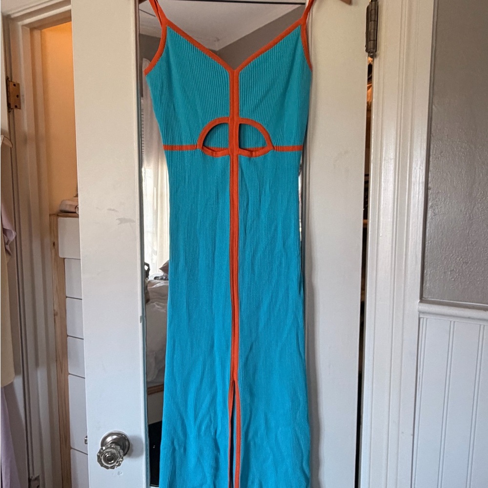 Anthropologie Turquoise and Orange Backless Dress